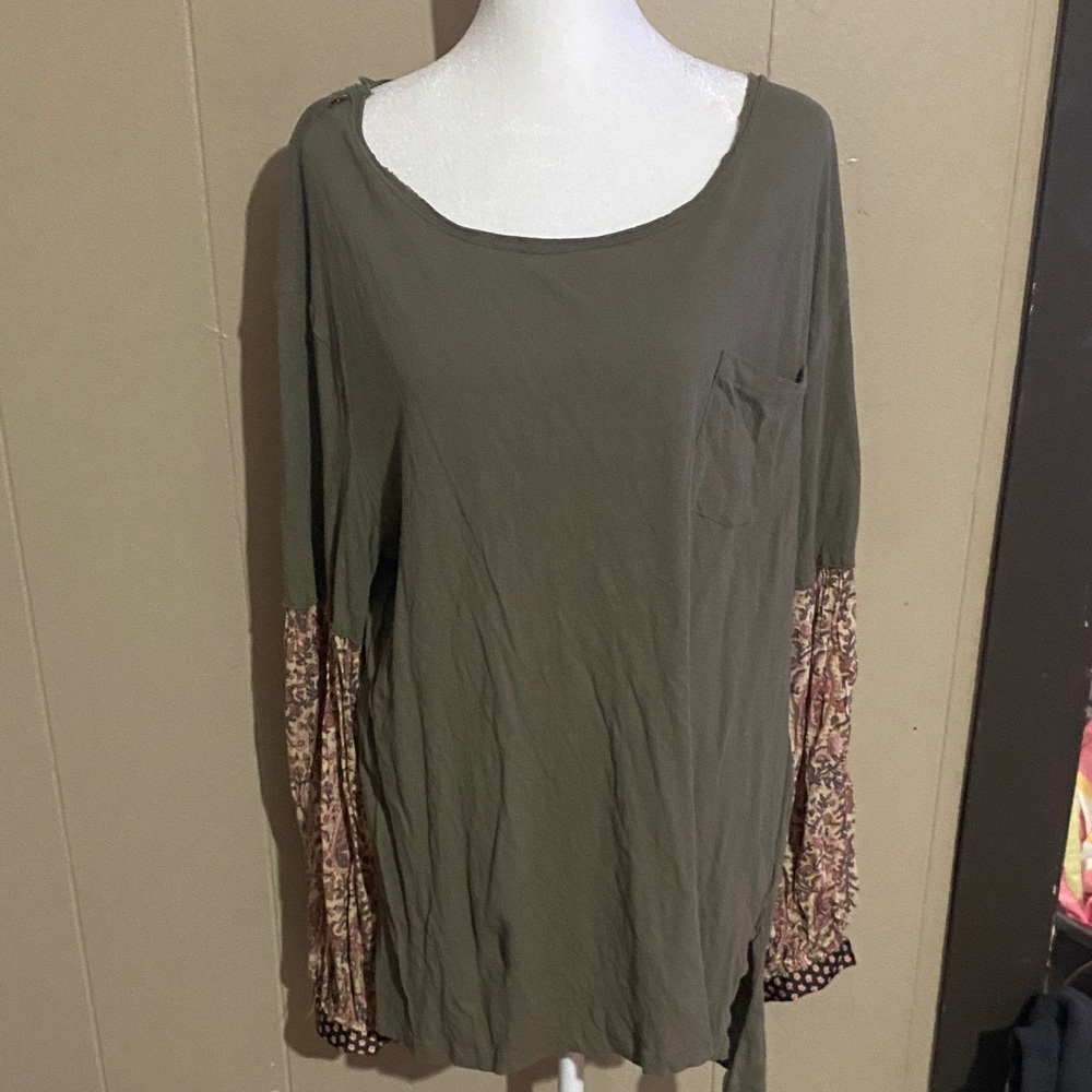 We The Free Olive Green Women's Top with Patterned Sleeves